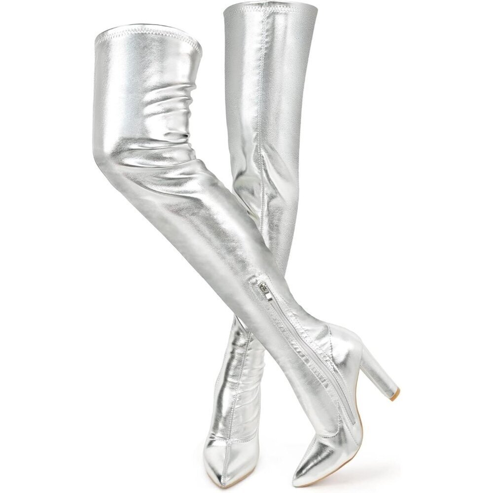Women Silver Chunky Heel Over The Knee Patent Leather PU Stretchy Tall Boot